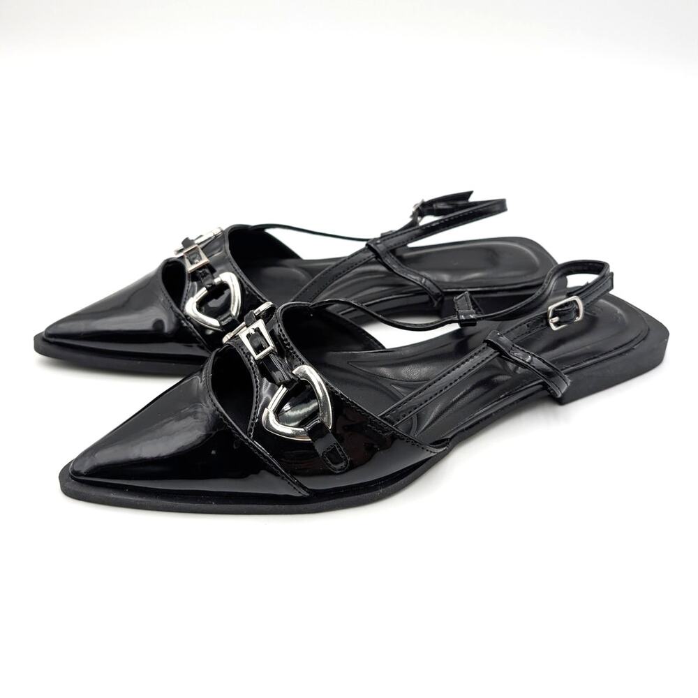 Wild Diva Pointed Toe Ballet Flats Adjustable Strap Womens Black Size US6.5 EU37